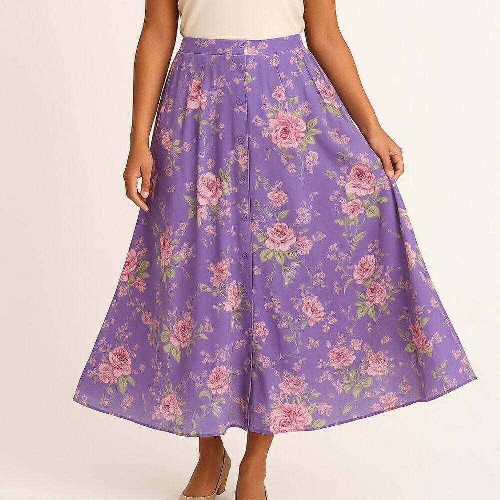 Vintage Lavender Floral Maxi Skirt Cottagecore Button Front L Denim 24/7